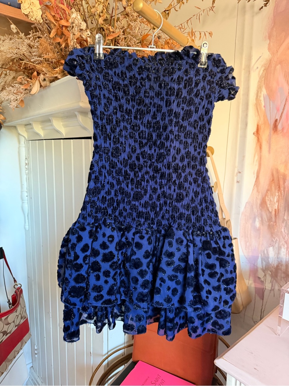 Maje Blue Smocked Leopard Print Party Dress